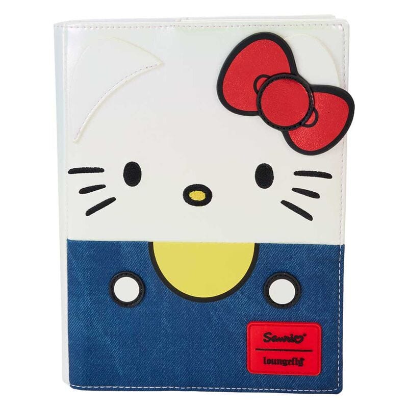 Cuadernos Hello Kitty 50th Anniversary, diario de cuero vegano (poliuretano) con apliques y detalles impresos, acabado nacarado y herrajes metálicos dorados, con notas adhesivas