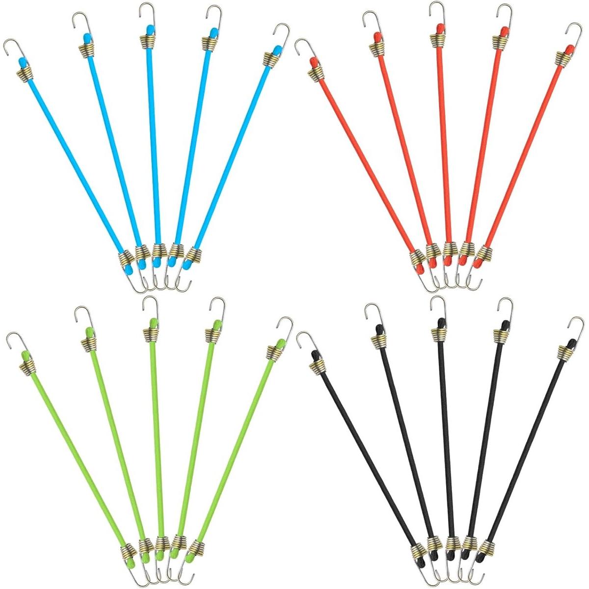 Juego de 20 correas elásticas de sujeción - Cordones de látex con ganchos - Correas multifuncionales para camping y tiendas de campaña - Correa de fijación resistente para organización y agrupamiento - Negro, naranja, verde, azul