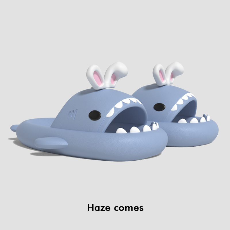 CA Pantuflas de tiburón con orejas de conejo lindas de segunda generación con suela gruesa para mujer, sandalias antideslizantes para el baño en casa y al aire libre para niñas.