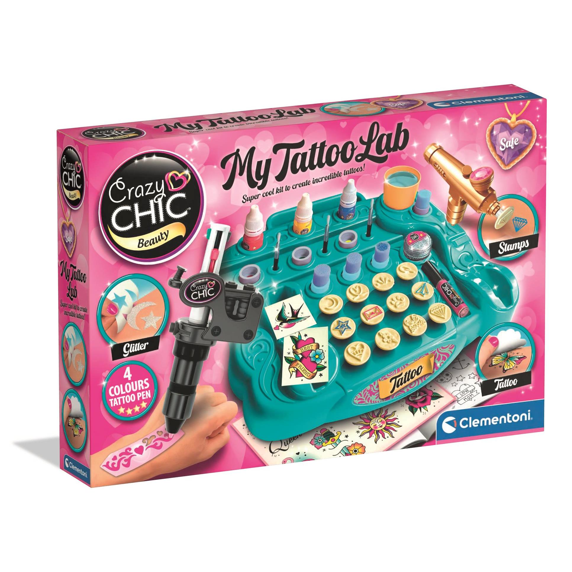 Clementoni - Crazy Chic My Tattoo Lab - Kit para Crear Tatuajes Temporales Personalizados con Colores Brillantes y Plantillas, Juego Creativo para Niñas - A Partir de 6 Años - Fabricado en Italia - 18260