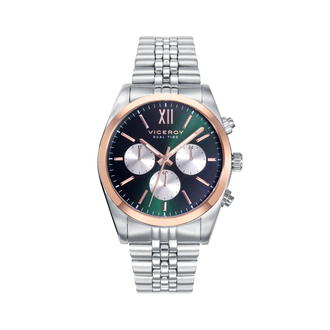 RELOJ  VICEROY DE HOMBRE CHIC DE ACERO MULTIFUNCIÓN CON ESFERA VERDE Y BISEL DORADO 42423-63 Reloj de hombre Viceroy CHIC Multifunción con esfera verde, bisel dorado y brazalete de acero con cierre desplegable mediante pulsadores.
