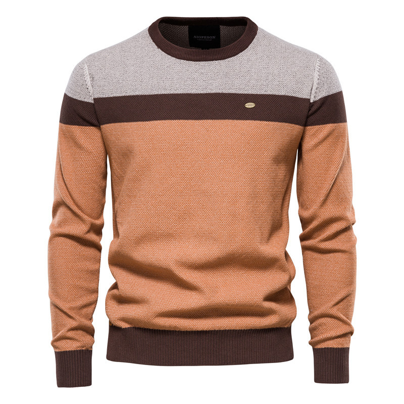 TK Suéter de punto de manga larga para hombre, con rayas y diseño patchwork, cuello redondo, estilo casual, ideal para otoño e invierno.
