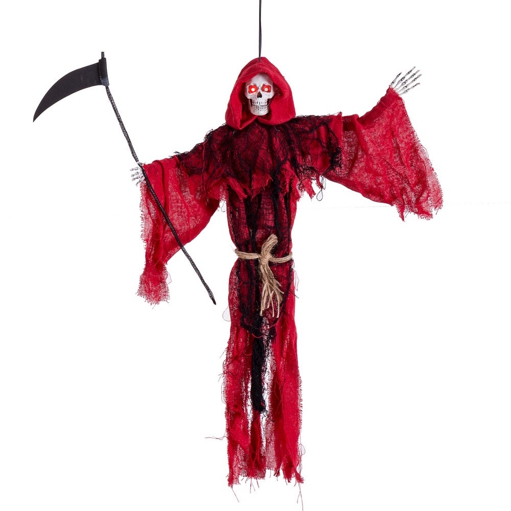 Muerte colgante decorativa roja de poliéster y polipropileno 52x10x66 cm Figura temática con sensor acústico integrado que activa iluminación interna, sonidos de risas y movimiento de piernas. LOLAhome