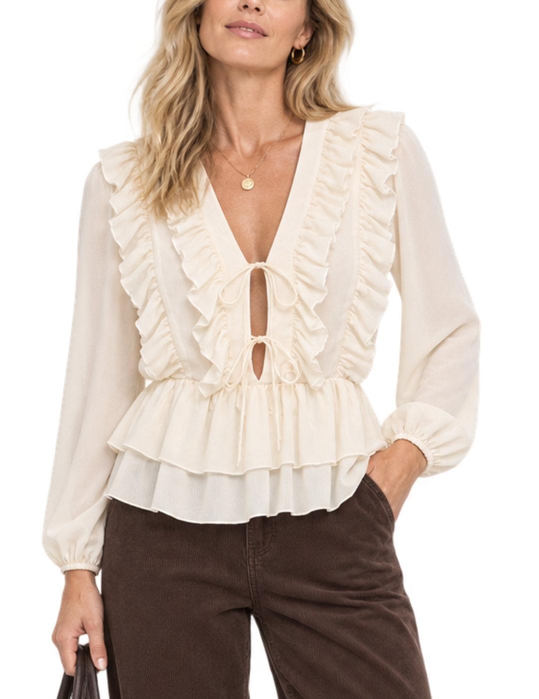 Blusa Only Seitre beige manga larga para mujer