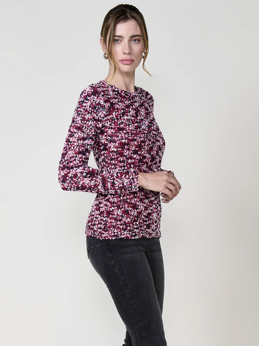 Koroshi - Jersey de chenilla aterciopelado para mujer, multicolor con placa metálica del logo, escote redondo y manga larga