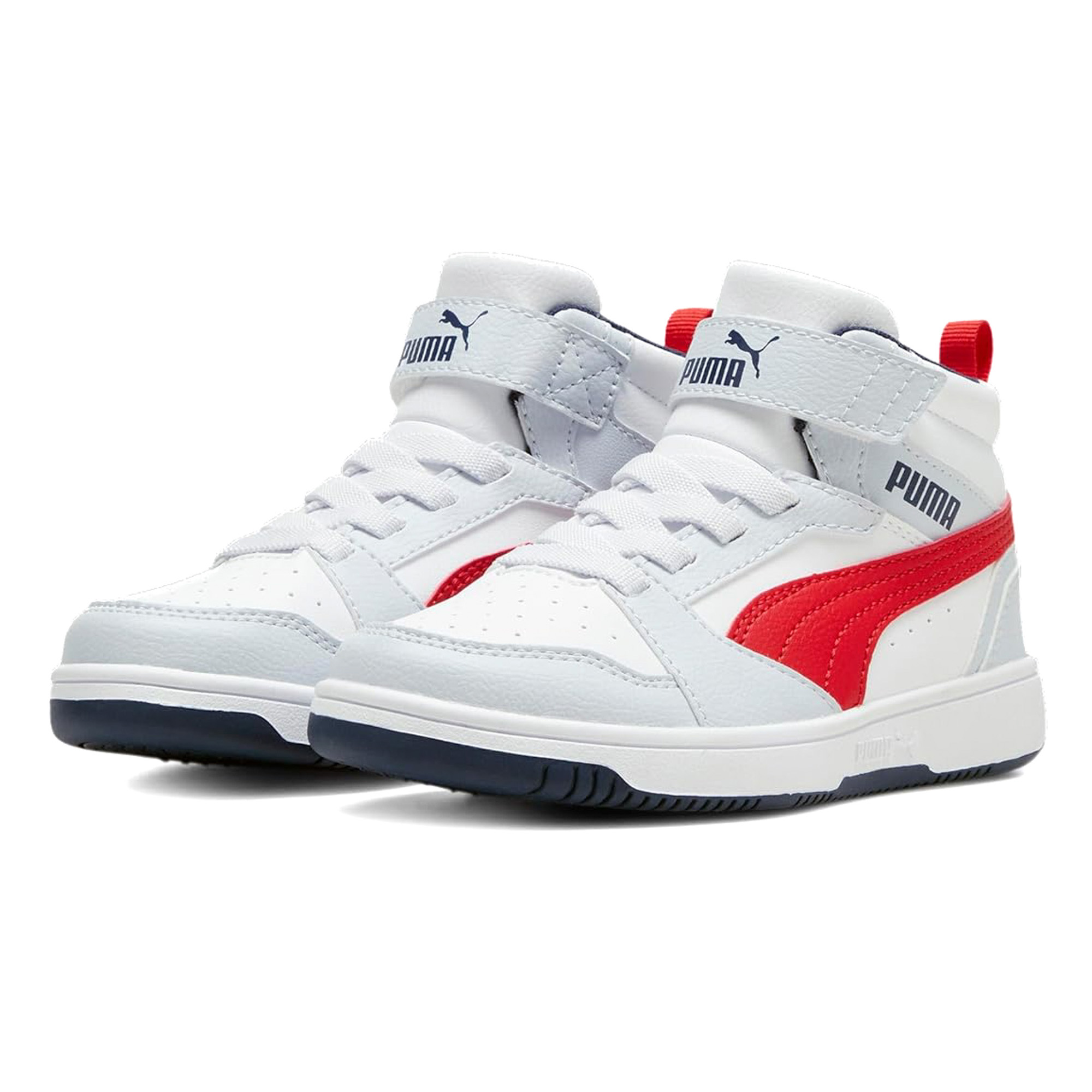 Bota deportiva PUMA REBOUND V6 Mid con velcro en color blanco.