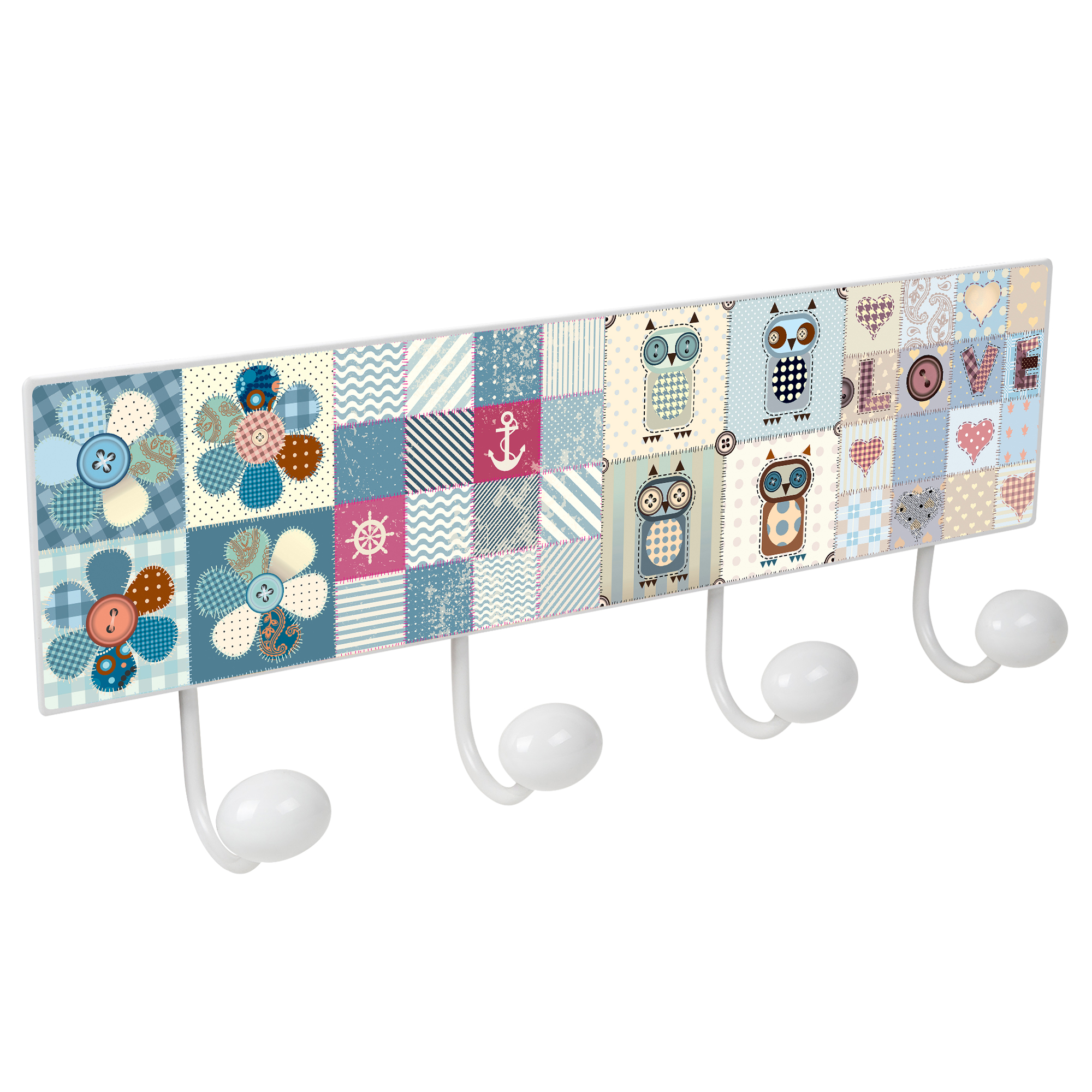 PERCHA pared metal diseño Retro Vintage patchwork INFANTIL decoración BÚHO FLOR blanco con 4 GANCHOS porcelana