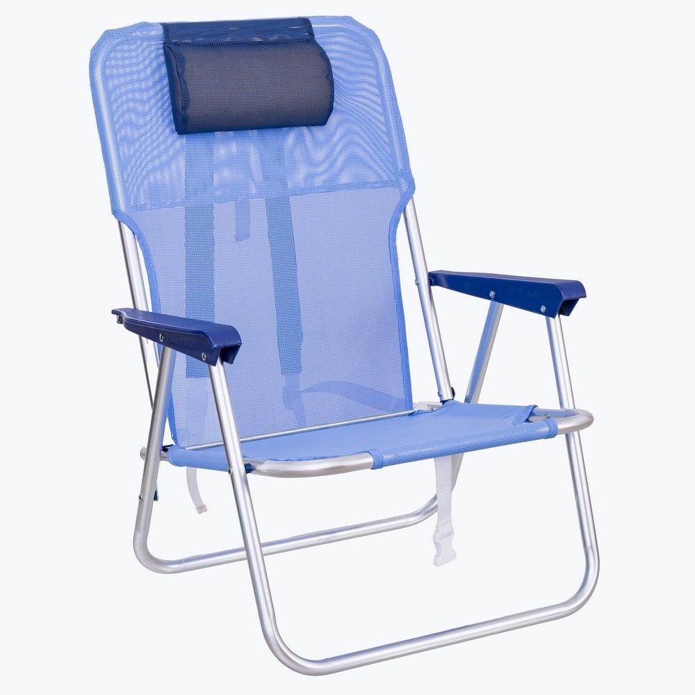 Silla de playa junior con mochila Azul plegable ligera de aluminio Resiste hasta 80 kg. Silla fija de 55x40x71 cm. Cojín reposacabezas azul oscuro. Correas acolchadas y ajustables MONTY
