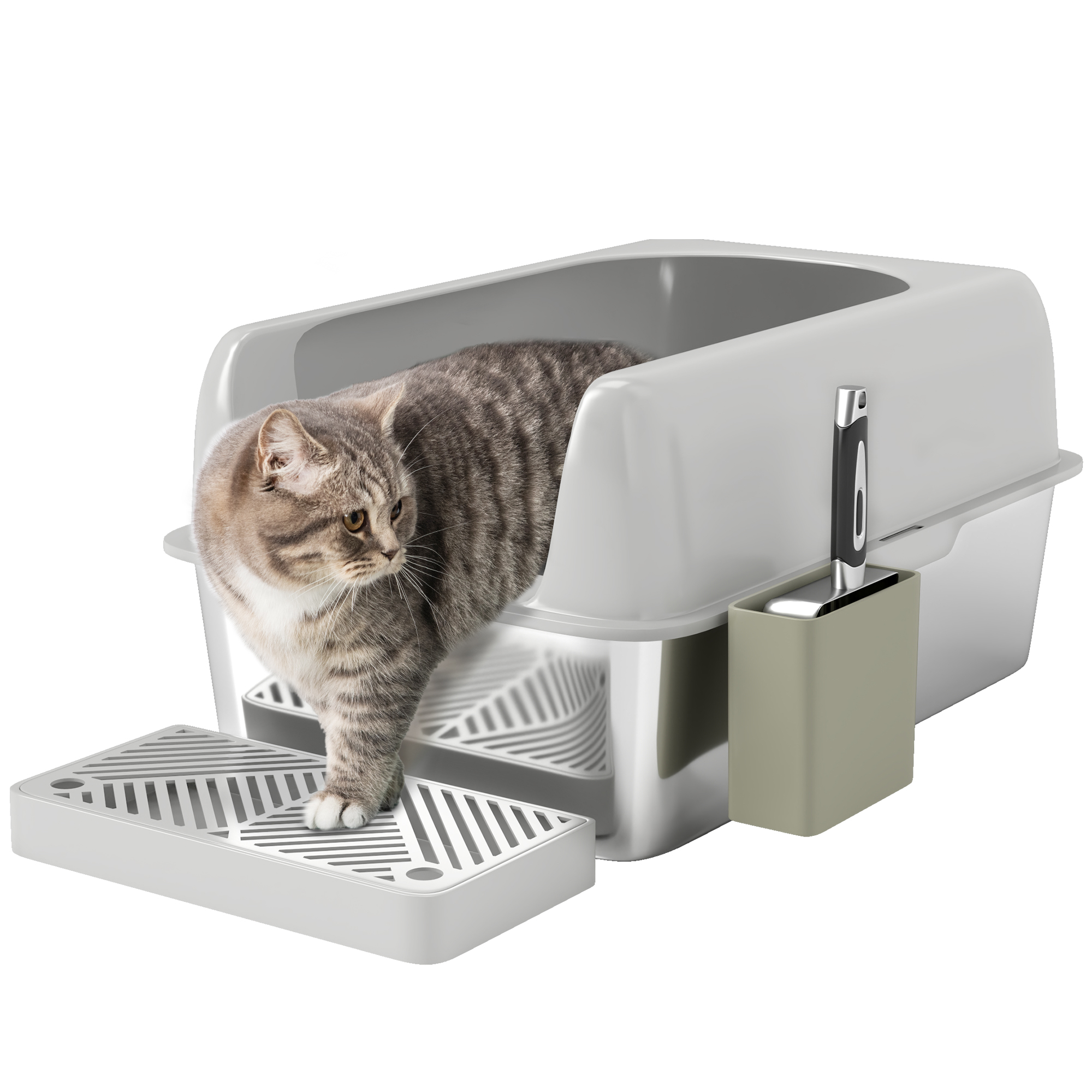 PawHut Caja de arena para gatos de acero inoxidable, bandeja de arena antiadherente fácil de limpiar con lados altos a prueba de orina, muebles para caja de arena para gatos con pala de metal y soporte para pala, gris