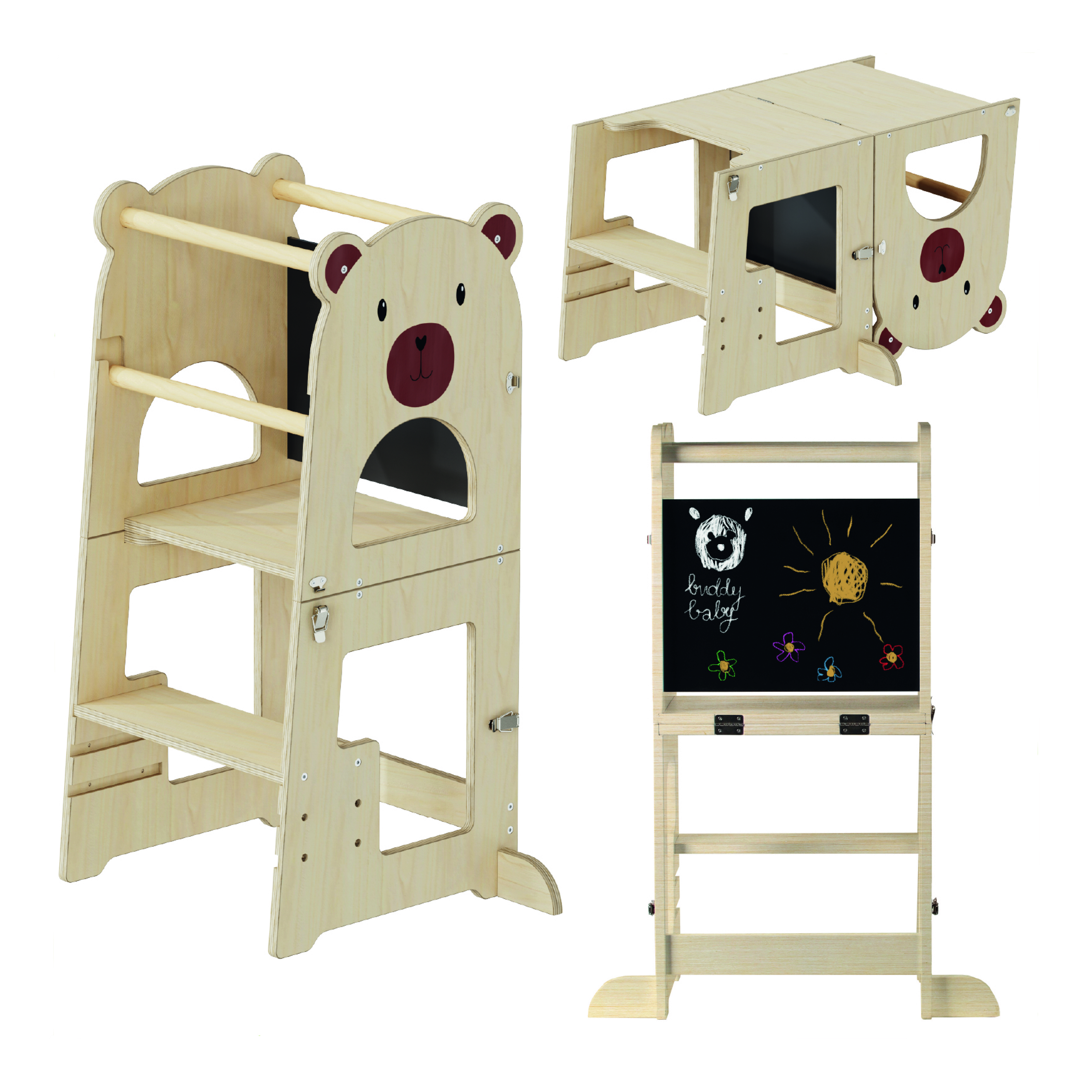 Buddy Baby Xperimenta  - Torre de Aprendizaje de Madera Montessori para niños-Convertible en Escritorio Infantil y Taburete -Torre ayudante de Cocina de Madera Maciza con Barra de Seguridad - Plegable