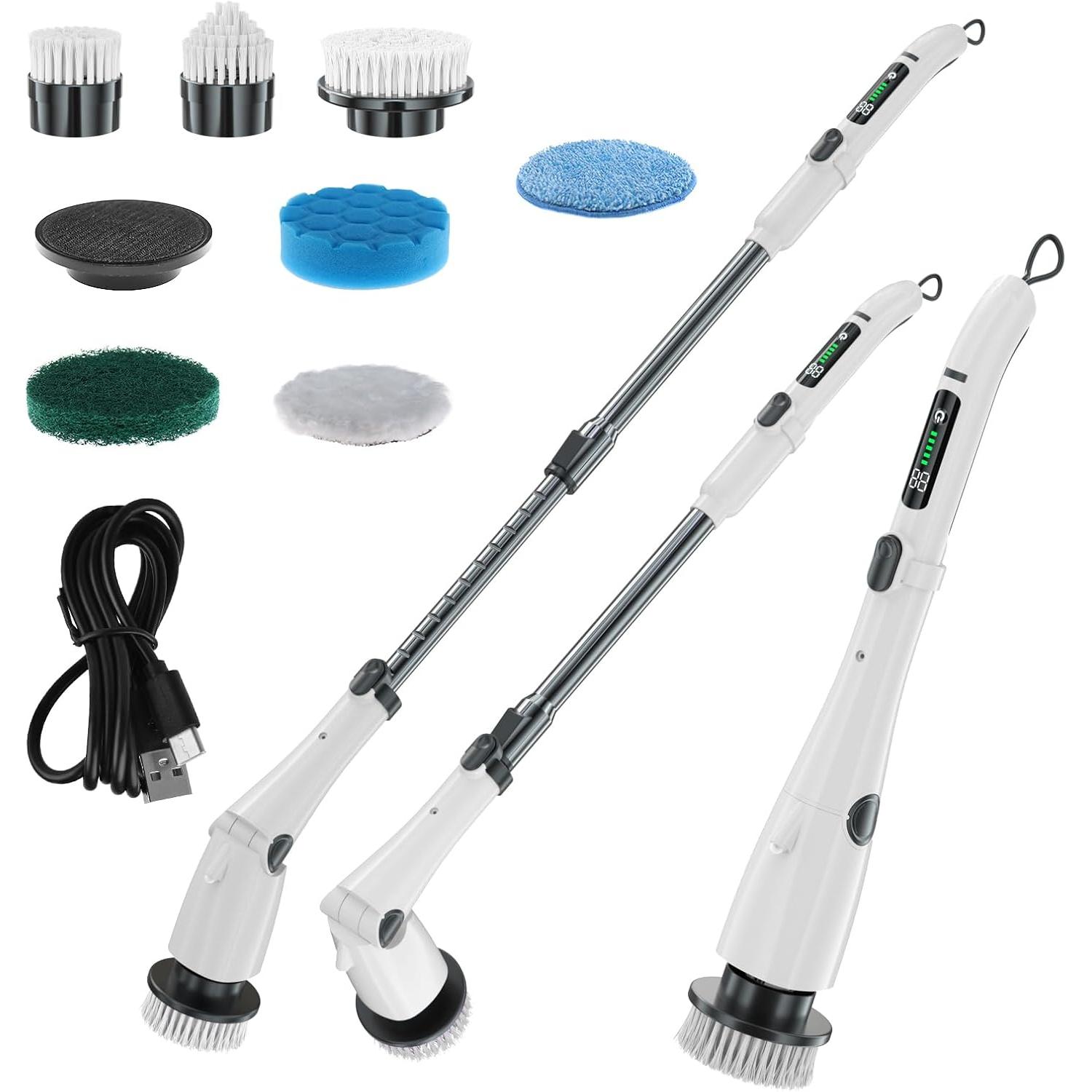 Limpiador eléctrico giratorio, IPX7, cepillo limpiador de baño impermeable, limpiador de ducha inalámbrico con 7 cabezales de repuesto y mango de extensión ajustable, suministros de limpieza