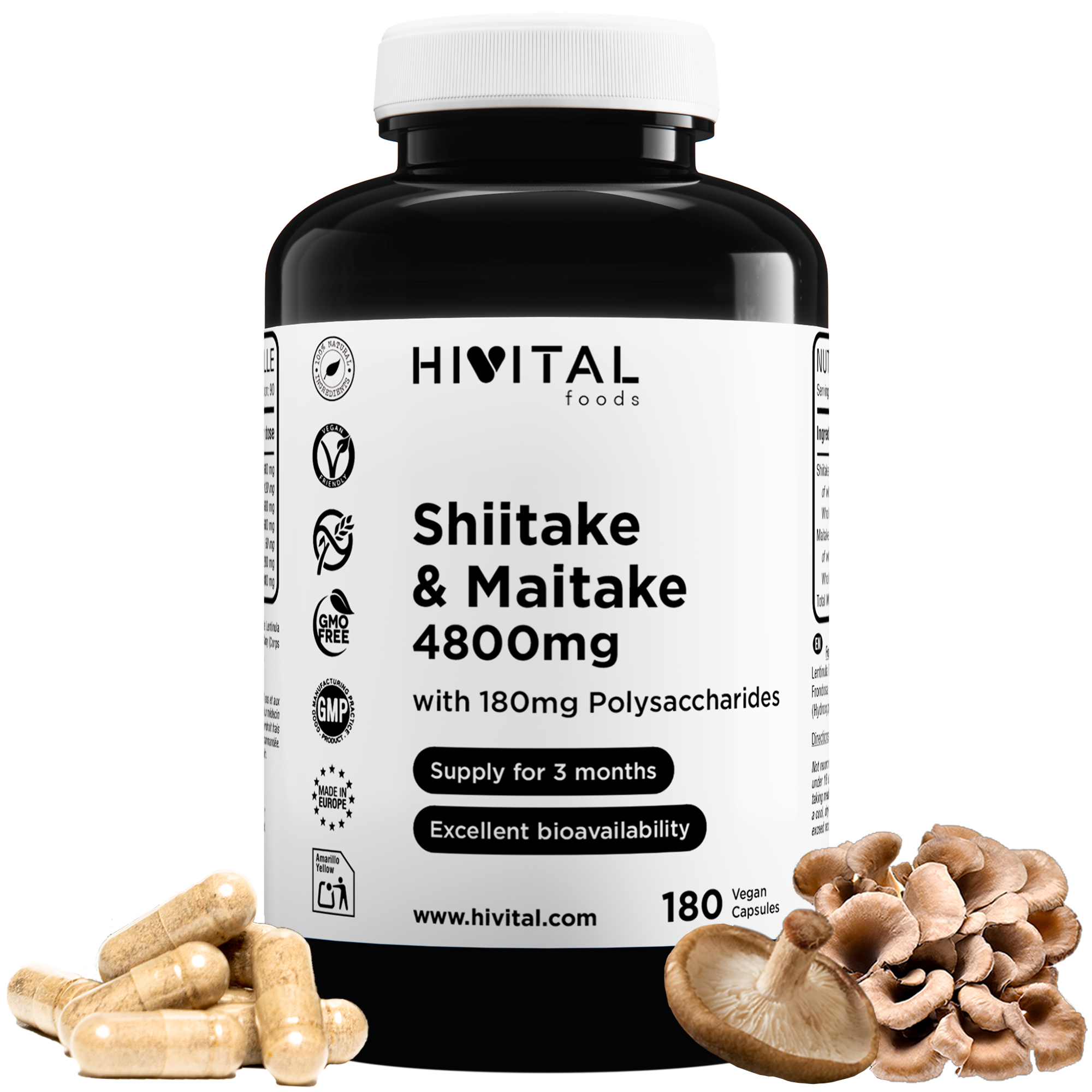 Shiitake y Maitake 4800 mg | 180 cápsulas vegana. Hivital