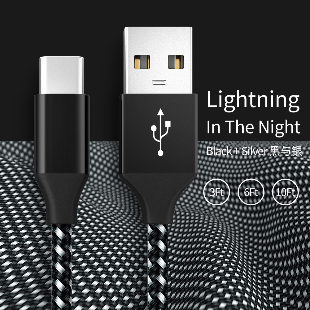 OmHom Cable de datos de Android adecuado para teléfonos móviles Android iOS, carga rápida USB a tipo C, cable de carga trenzado de nailon 3A