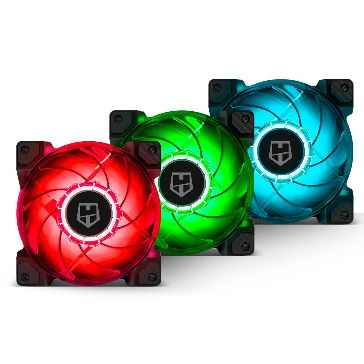 NOX HUMMER H-SYNC- Pack de Ventilación LED RGB, 9 Aspas Traslúcidas, Funcion PMW, Diseño Silencioso Optimizado, Esquinas Soporte de goma, Color Verde, Azul y Rojo
