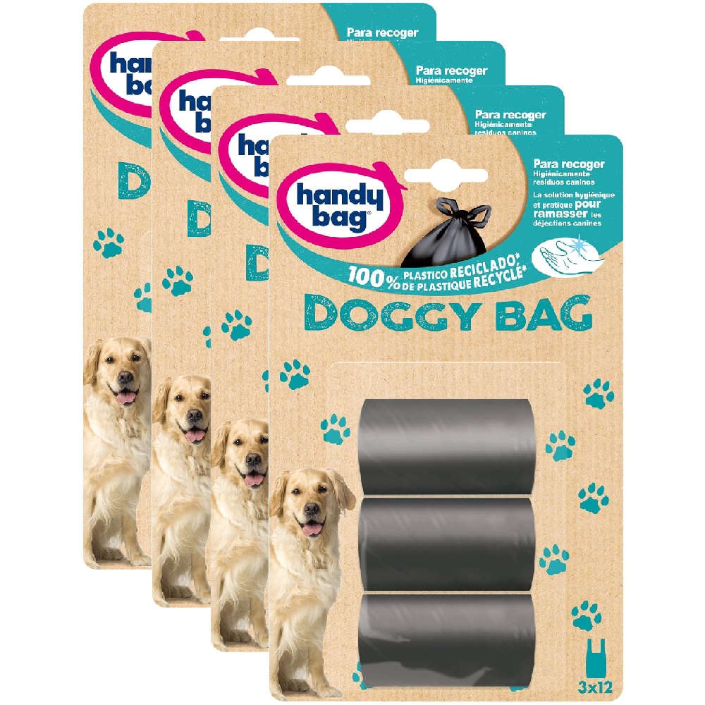Handy Bag Doggy Bag - Bolsas para Caca de Perro, Extra Resistentes, No Gotean, con Asas para facilitar el Cierre, Opacas e Higiénicas, 100% Materiales Reciclados, 12 rollos de 12 bolsas = 144 Bolsas, Mascotas