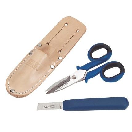 Juego de Tijera (145mm) y Cuchillo (155mm, filo de 45mm) con Funda Especial Electricista Alyco