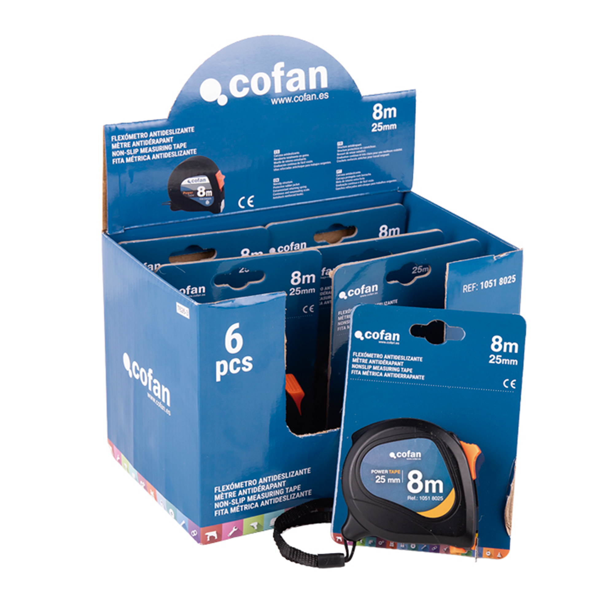 Cofan Expositor de 6 flexómetros antideslizantes de Cofan | Incluyen los flexómetros de 8 m x 25 mm de hoja