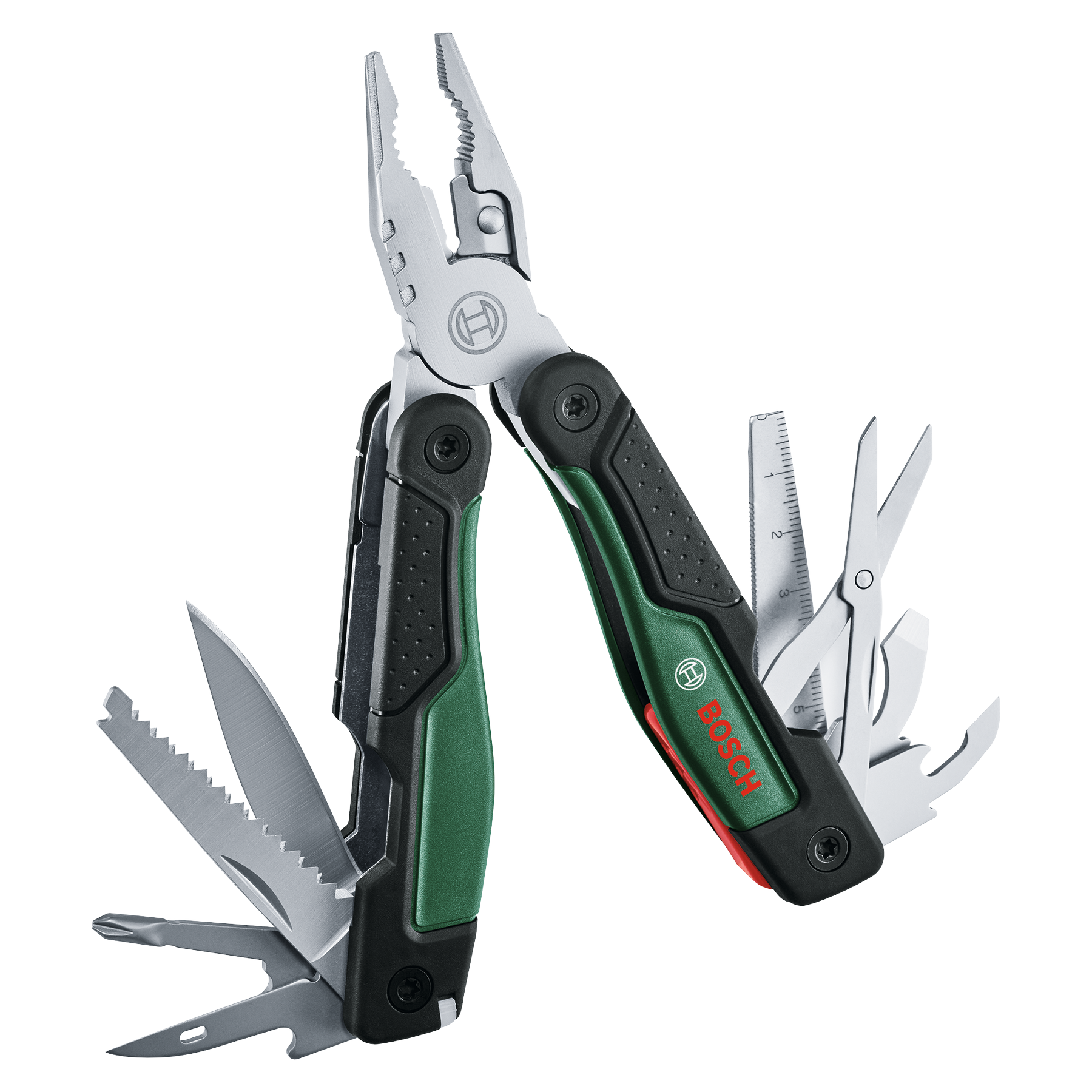 Bosch - Multiherramienta 16 en 1 - Fabricada en acero inoxidable con sistema de bloqueo, mango engomado y bolsa de transporte