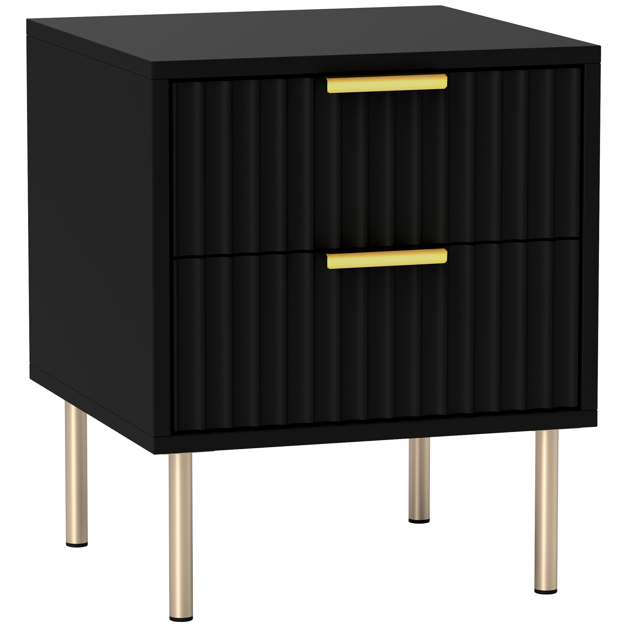 HOMCOM Mesilla de noche, mesita de noche acanalada con 2 cajones y patas de acero, mesa auxiliar para dormitorio, salón, dim. 40 x 39 x 48 cm, color negro