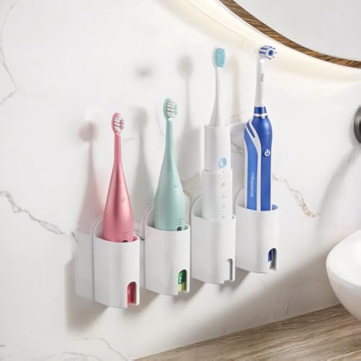 Elektrische tandenborstelhouder 4 stuks – zelfklevende tandenborstelhouder – sterke lijm – wandgemonteerde elektrische tandenborstelstandaard – tandenborstelhouder zonder boren voor badkamer – wit