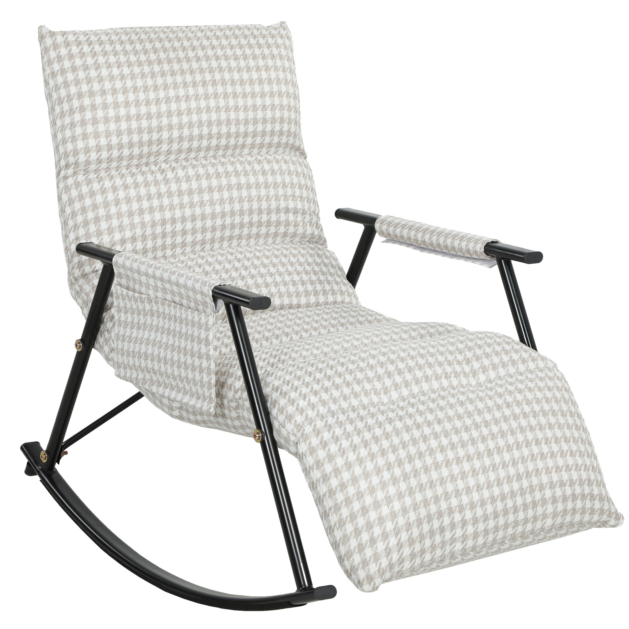 HOMCOM Silla Mecedora con Respaldo y Reposapiés Ajustables, Mecedora Sillón Balancín 105°, Tapizada en Lino, con Bolsillo Lateral y Marco de Metal, Carga 120 kg, para Dormitorio, Salón, Negro y Blanco