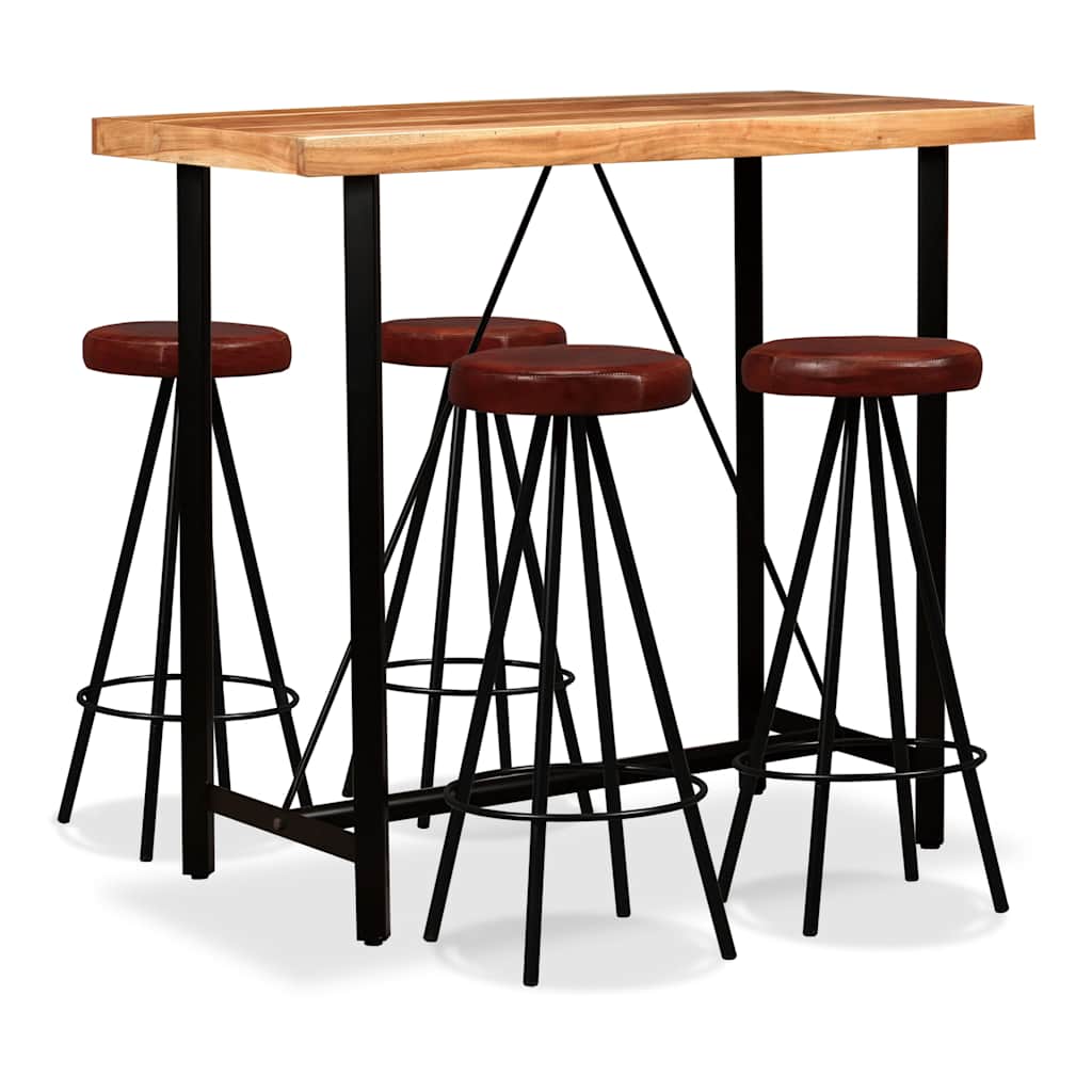 vidaXL Set muebles de bar 5 pzas madera maciza acacia cuero genuino
