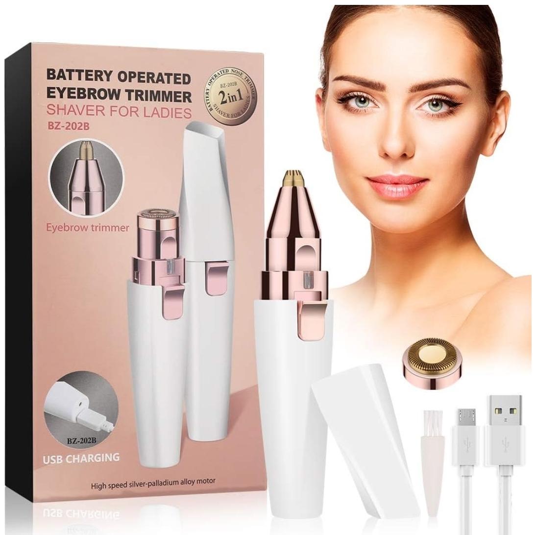 Depiladora Facial Mujer Electrica 2 en 1 Depiladora Cejas Mujer, Device de Depilación de Rostro Femenino, USB Recargable Impermeable Portátil sin Dolor Luz LED para Cara Nariz Labio,Blanco