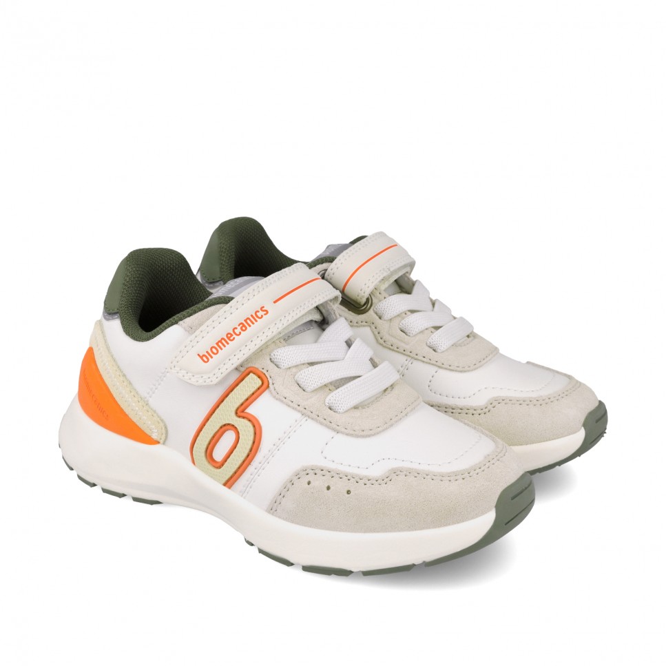 Biomecanics - Deportivas 261275 blancas con detalles naranjas para niño, piel, cierre de velcro, cómodas y resistentes