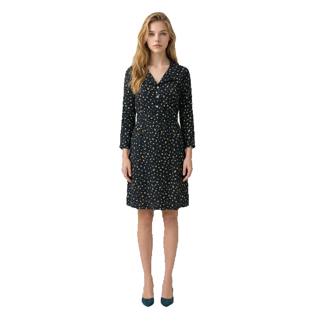 Vestido estampado Marca BanBat de algodón 100% para mujer con escote en V y manga larga, cintura ajustada con elástico, ideal para día a día, vacaciones o reuniones informales - REF: D621