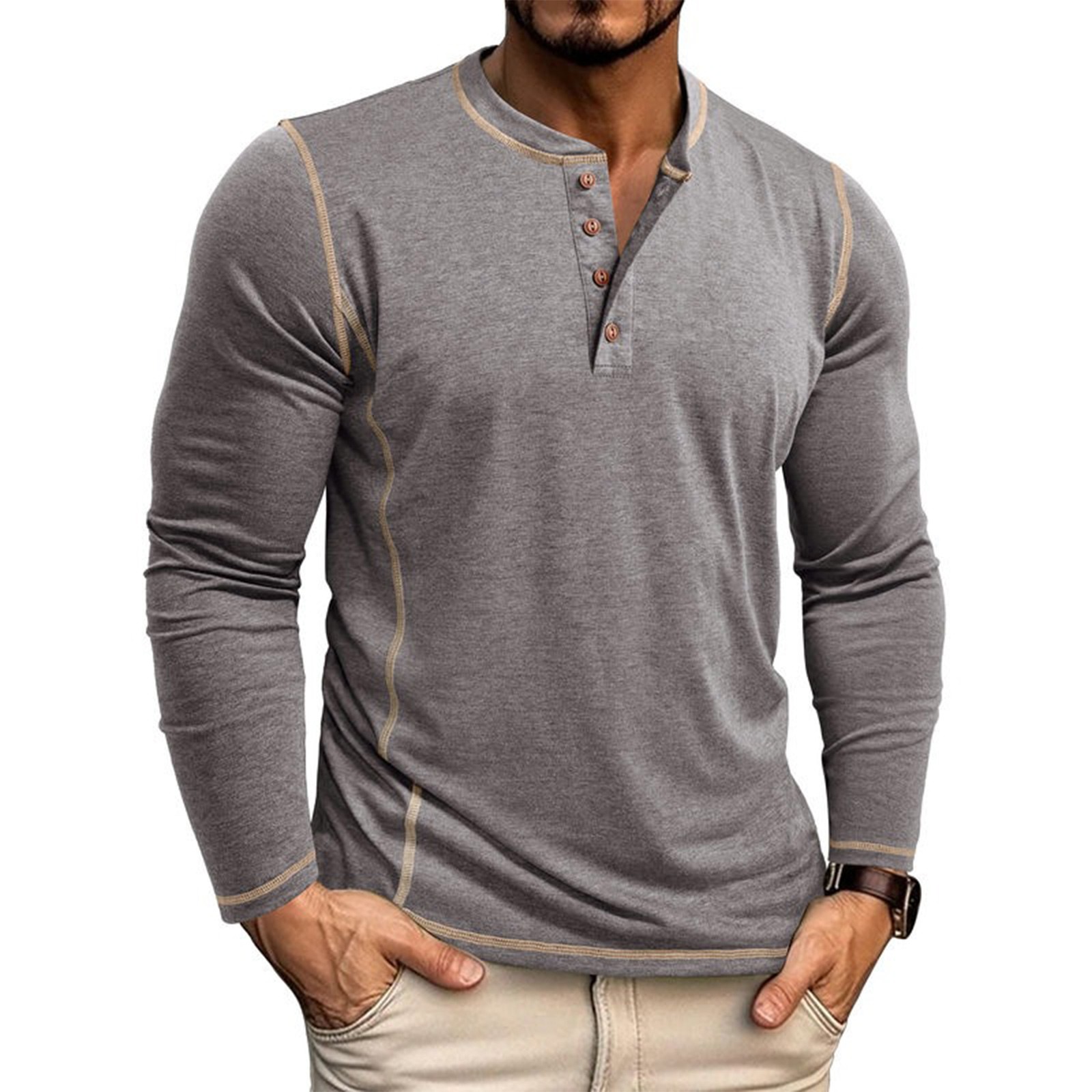 TK Camiseta De Manga Larga Para Hombre Con Cuello Henry Y Cuatro Botones Estilo Casual Para El Día Cuidado Facil Material Poliéster