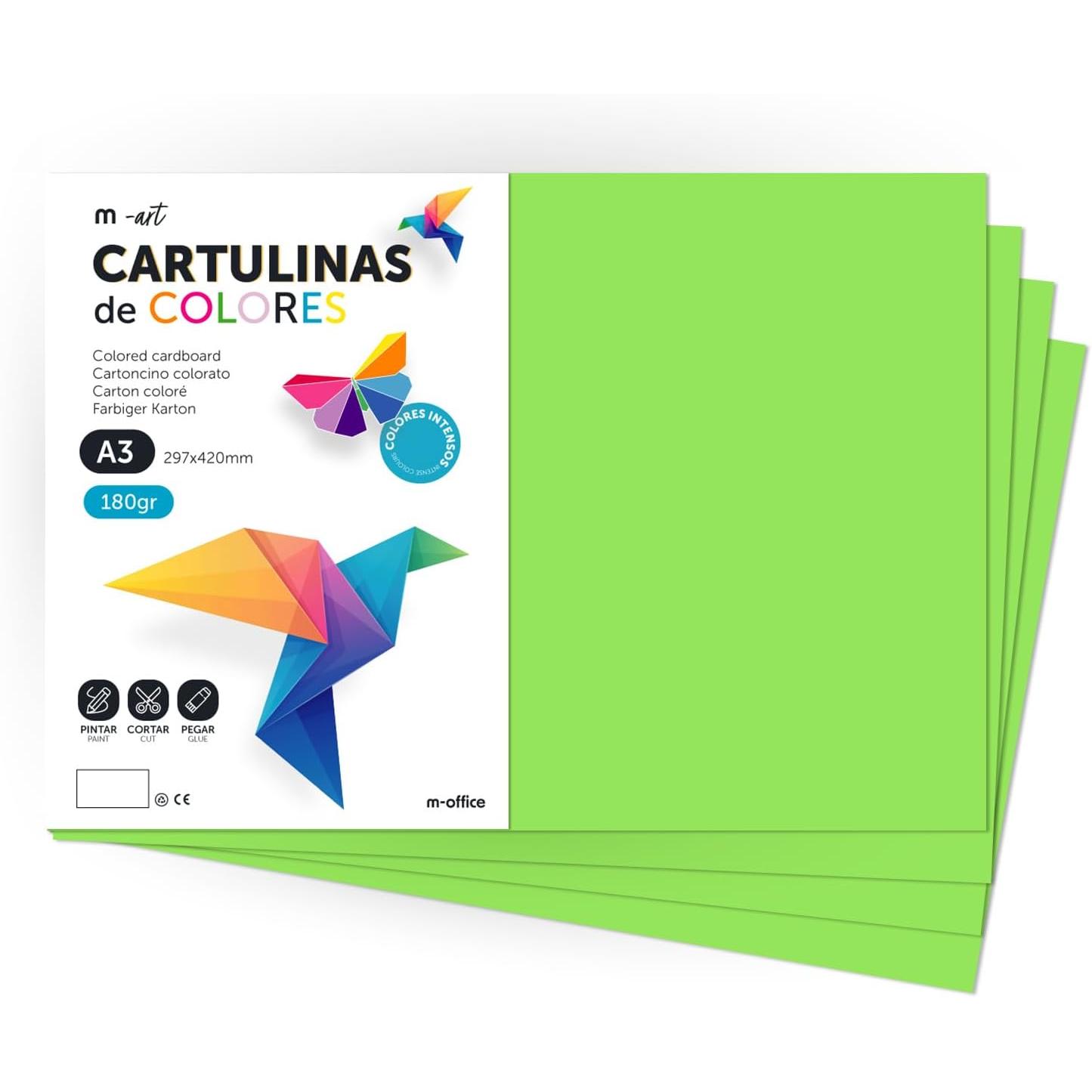 Cartulina de Colores, Cartulina A3 Colores Intensos, Hojas de Colores 180gr para Manualidades, Imprimir tus Documentos y Diseños Creativos, Folios de Colores A3 · m-office