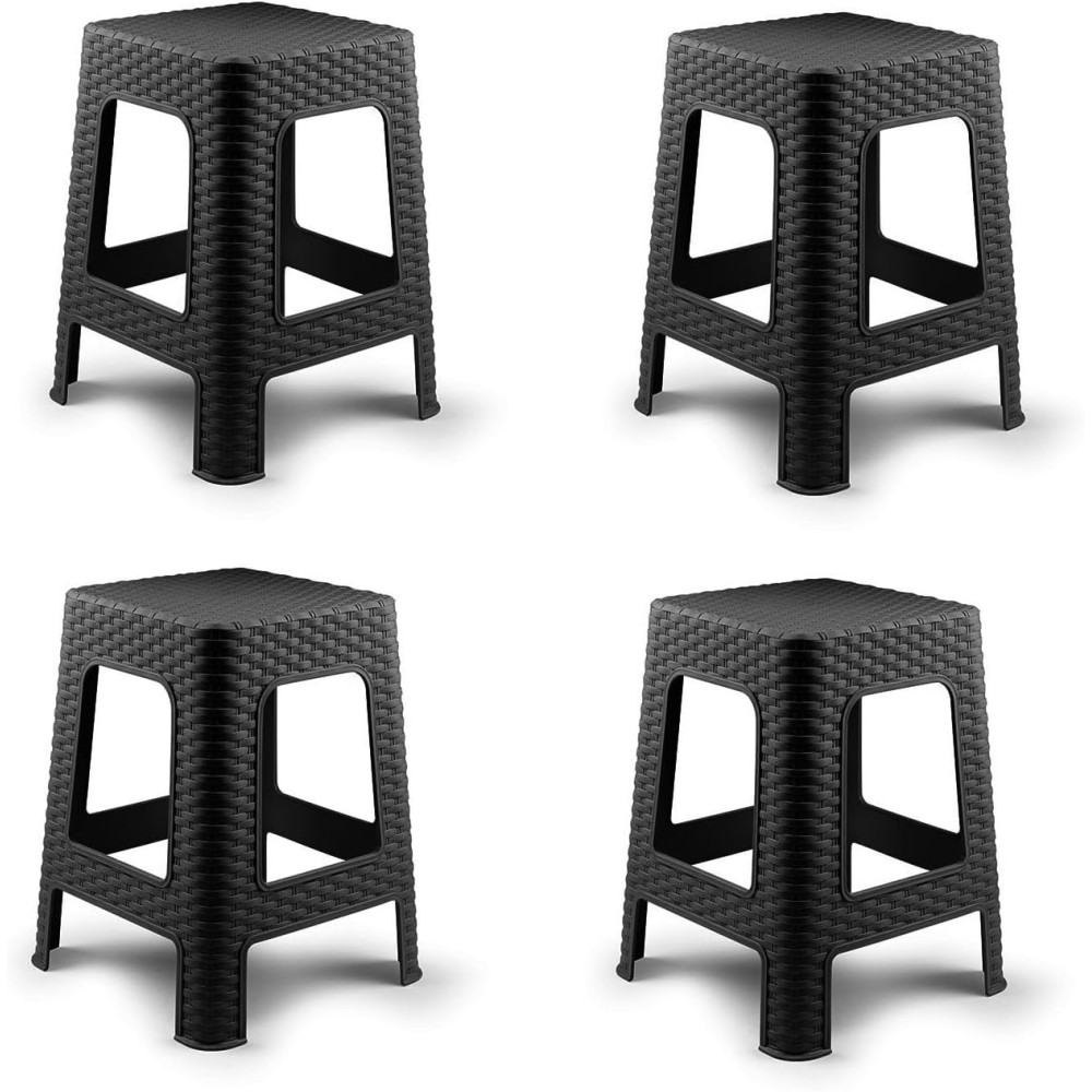 4X Taburete plástico Estilo ratán Moderno apilable para Interior y Exterior - 36x36x45cm (4, Negro) COSHANO
