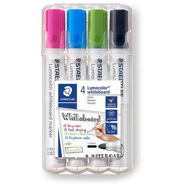Staedtler lumocolor 351 pack de 4 marcadores para pizarra blanca - secado rapido - colores surtidos