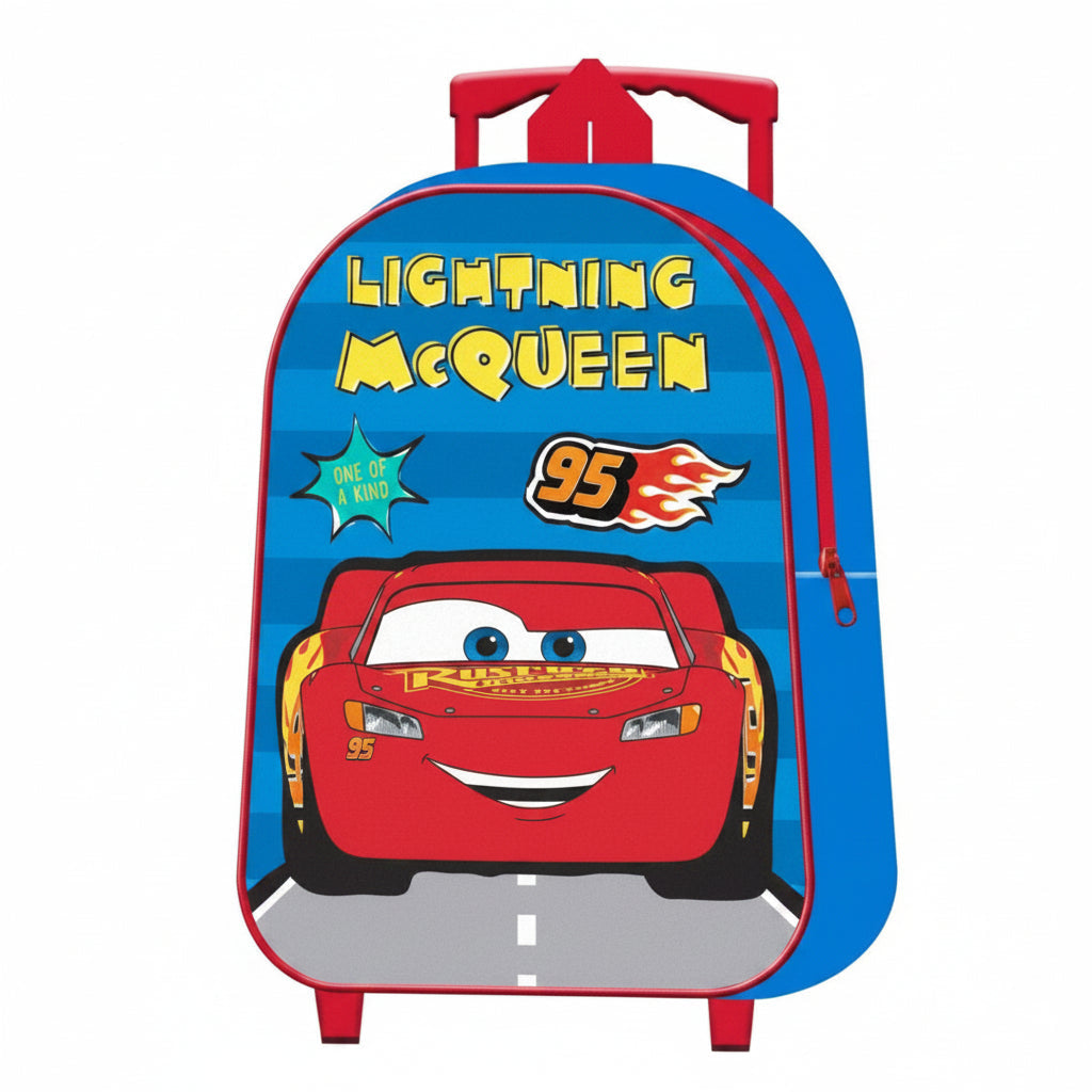 Cars - Mochila infantil con ruedas Rayo McQueen oficial para colegio y viajes, 24x30x8 cm, compartimentos funcionales y diseño divertido
