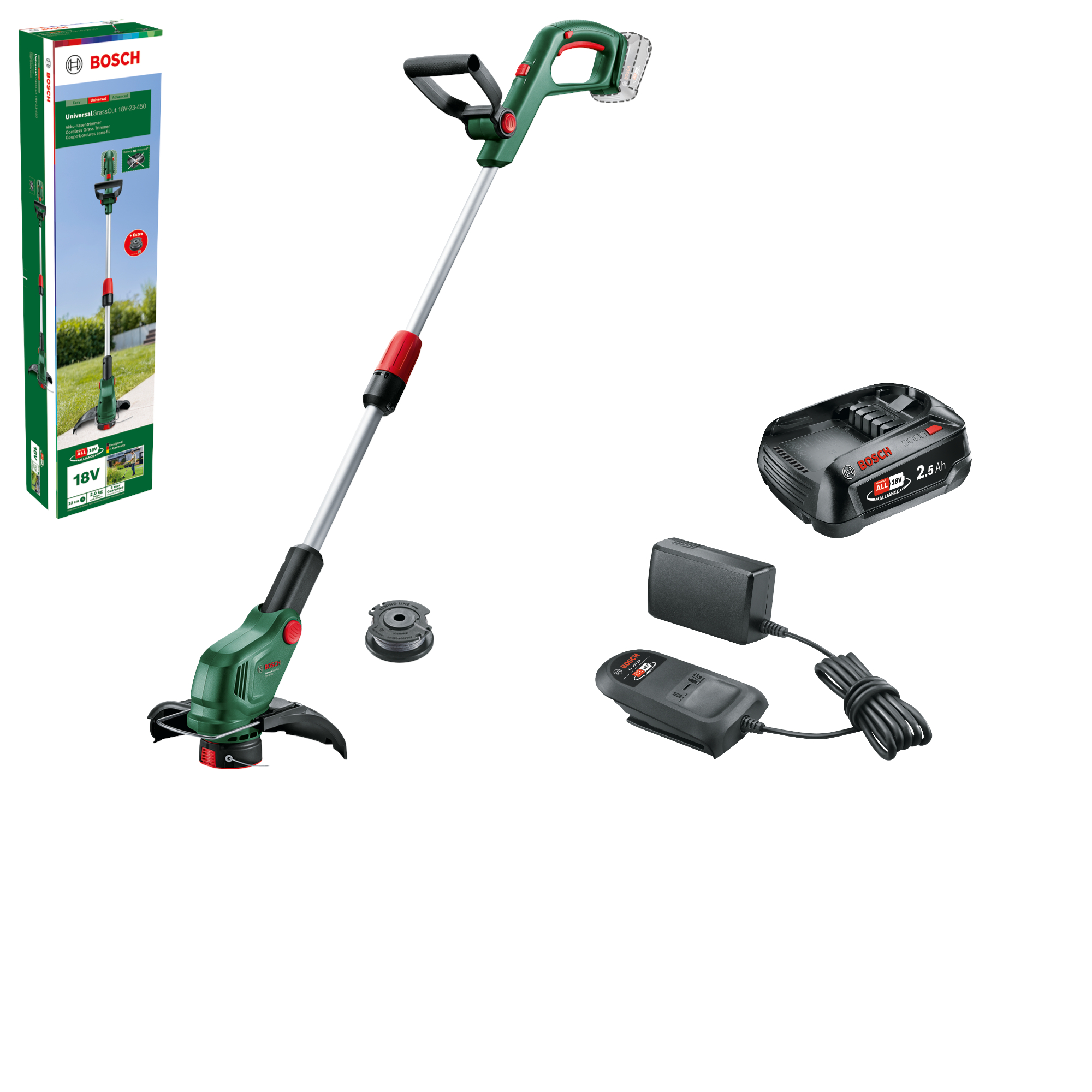 Bosch - Pack Cortabordes a Batería+ Starter Set 18V Alliance -UniversalGrassCut 18V-23-450 - 18V, ancho 23cm,  Función Inclinación, Ajuste telescópico de altura, incluye 2 bobinas de hilo, 1 Batería de 2.5Ah y Cargador AL 18V-20