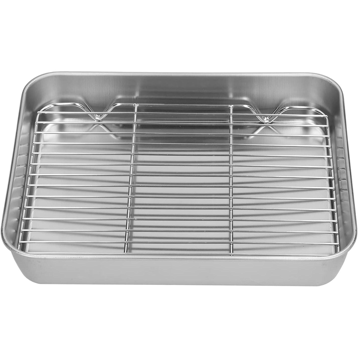 Sartén para asar de acero inoxidable, sartén para asar con parrilla, idea rectangular para cocinar y hornear (10.4 x 8.1 x 2 pulgadas)