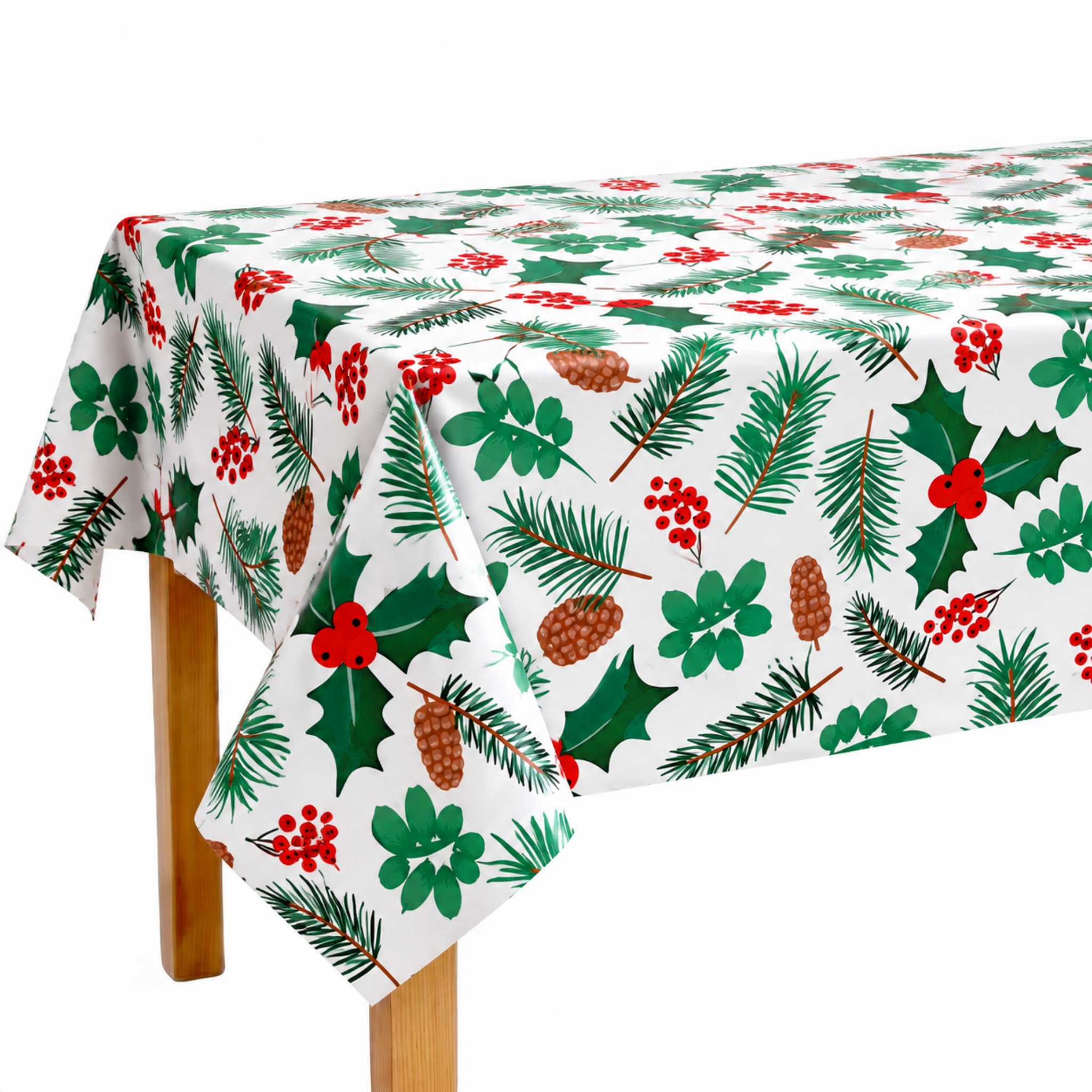 Mantel de Navidad de PVC y polipropileno, estampado de acebo, ramas y piñas, fondo blanco, ancho 140 cm