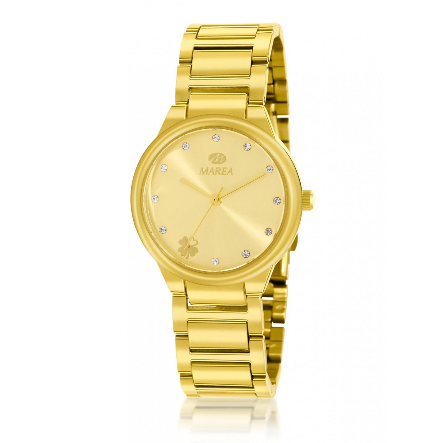 Reloj Marea Mujer B41325/5 Dorado. Caja de metal dorada. Brazalete de acero dorado. Esfera dorada con índices en pedrería y símbolo de trébol. Sumergible 30m.