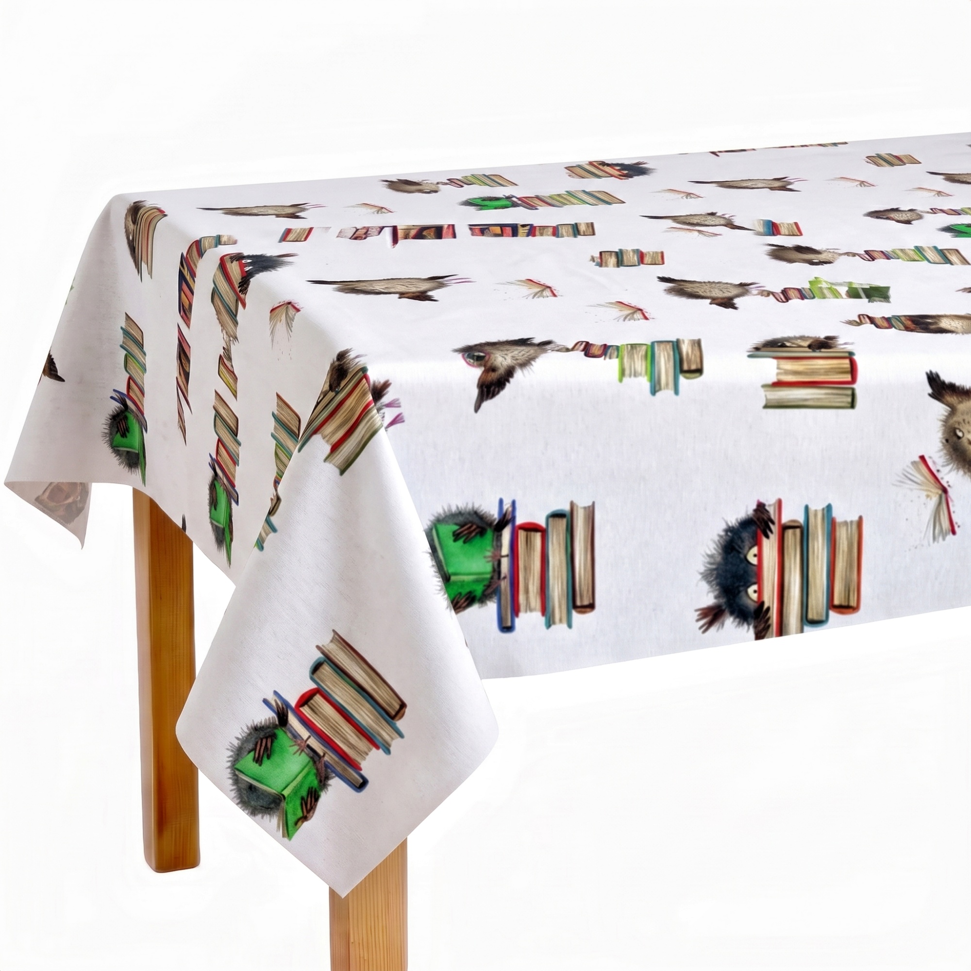 Mantel de Tela Algodón y Poliéster con Acabado de Resina, Estampado de Búhos y Libros, Mantel Decorativo para Mesa de Comedor, Cocina y Estudio