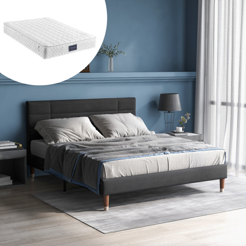 Upholstered double bed with slatted base, 140x200cm upholstered bed frame with headboard, in black linen, for adults and teenagers (with spring mattress) Grey