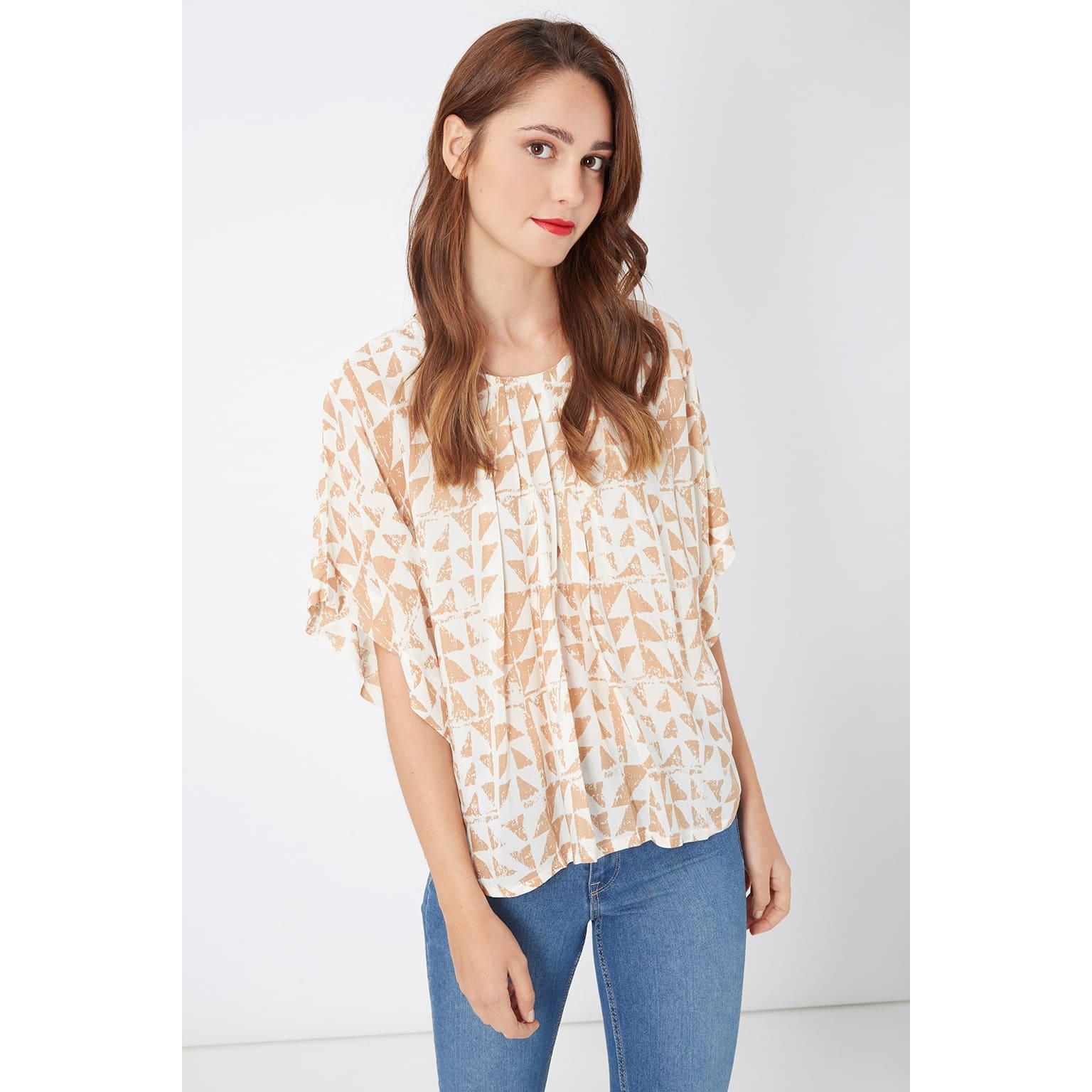 Blusa mujer amplia estampada, manga corta japonesa, cuello redondo, tejido ligero, estilo casual elegante, modelo Laga K398, color beige, talla L, versátil y cómoda ✅Entrega 24/48h