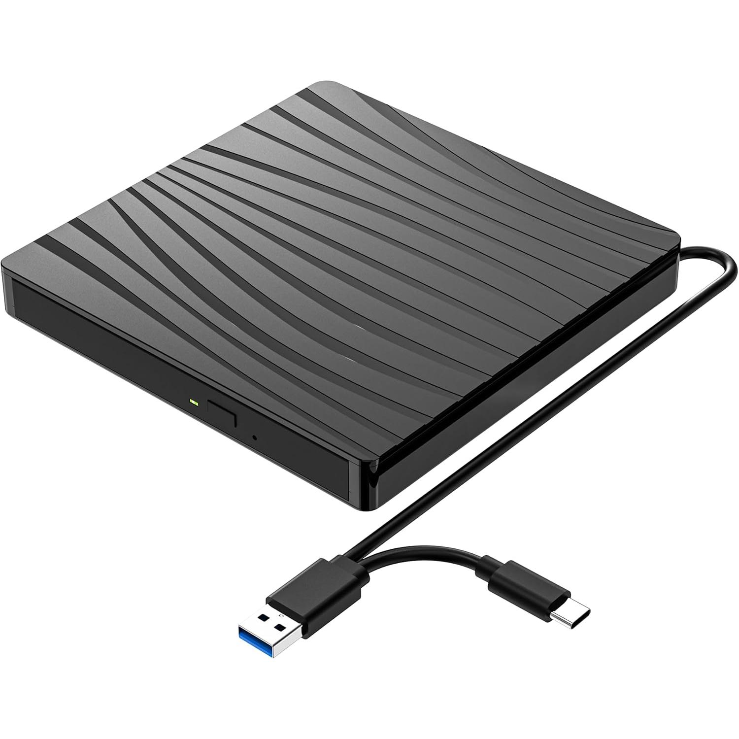 TK Lector CD/DVD-RW Externo, Grabadora con USB 3.0 y Type-C, Disquetera Super Drive, Lector para Portatil, PC, iMac, Macbook