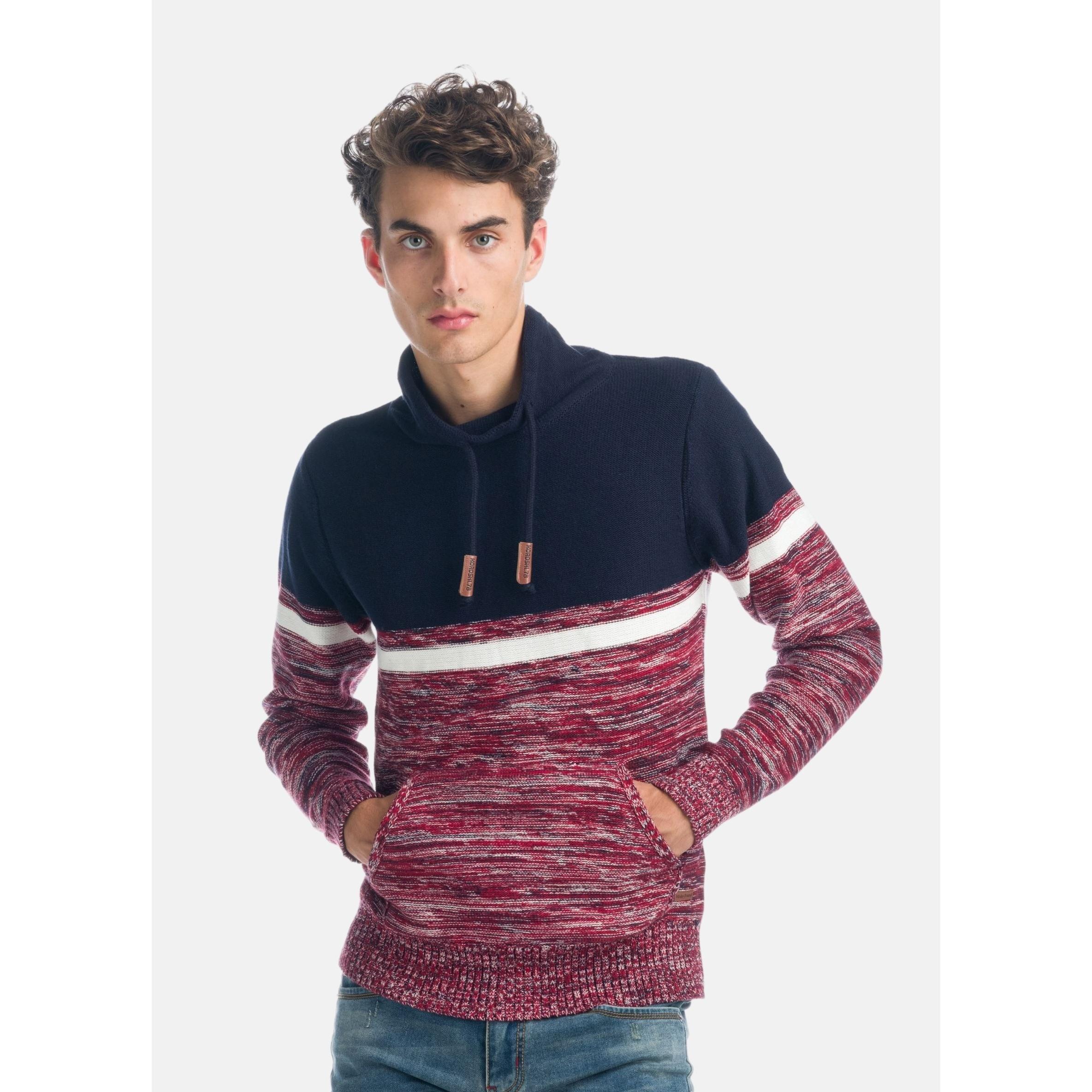 Koroshi - Jersey hombre cuello alto chimenea con cordón ajustable, punto jaspeado y bolsillo canguro en 100% algodón para uso diario en invierno
