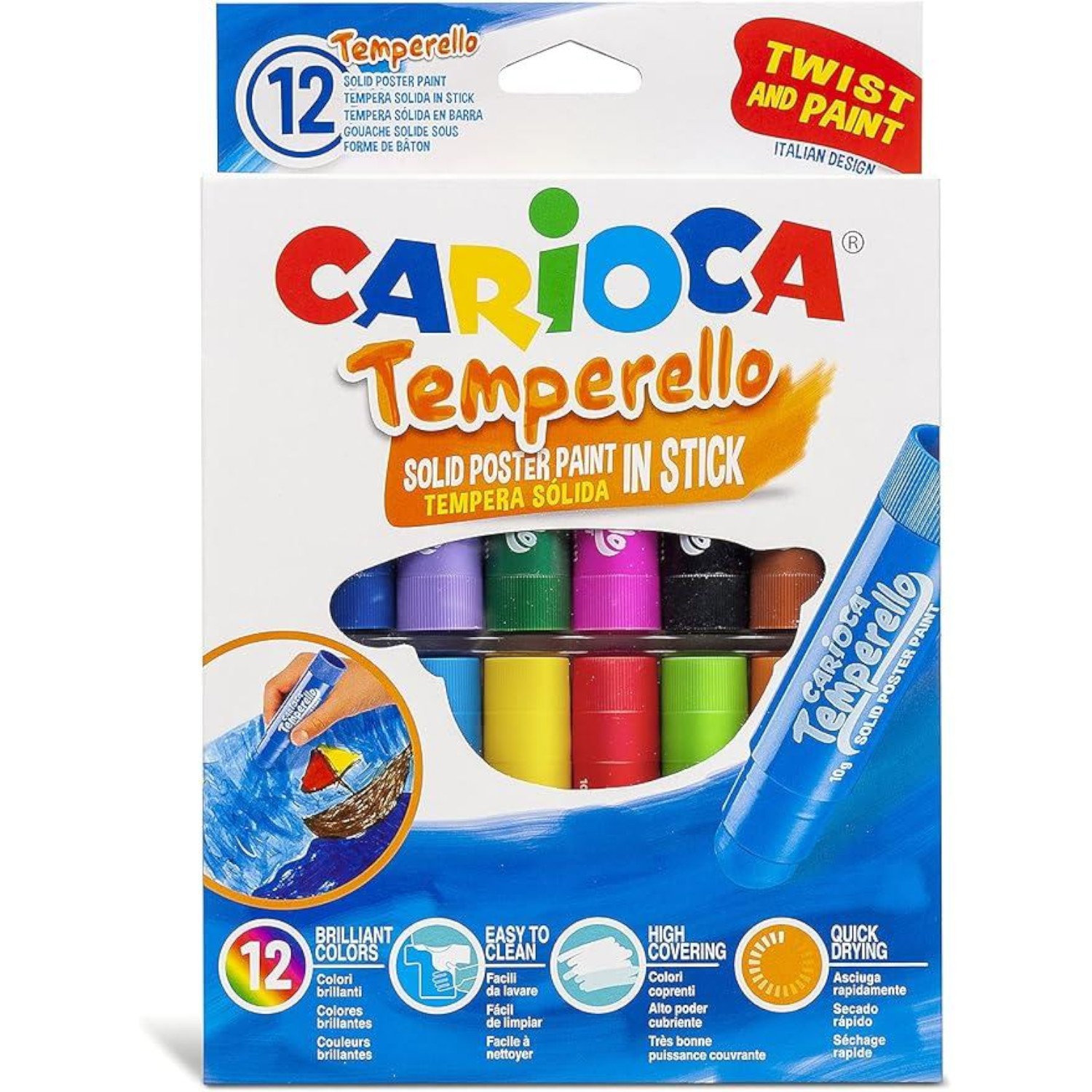 Carioca AllPerfect Shop Bolígrafo para Colorear con Palo de Tempera 12 Piezas Opcional (Tempera Sólido + Solventes) Ideal para la Escuela