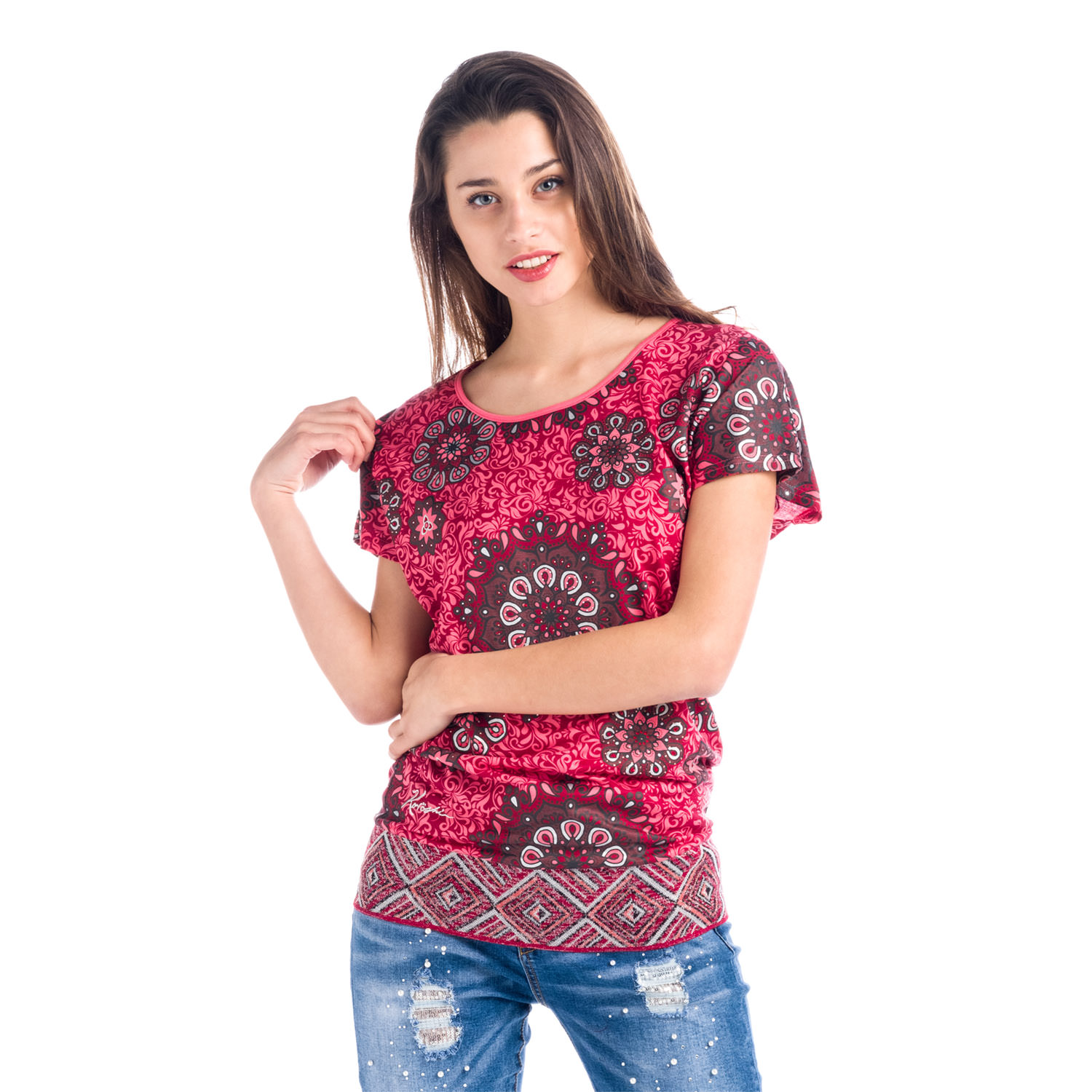 Koroshi - Top estampado oversize con cuello redondo y manga corta para mujer, 100% viscosa fluida con estampado étnico mandala y aplicaciones tipo cristal en delantero