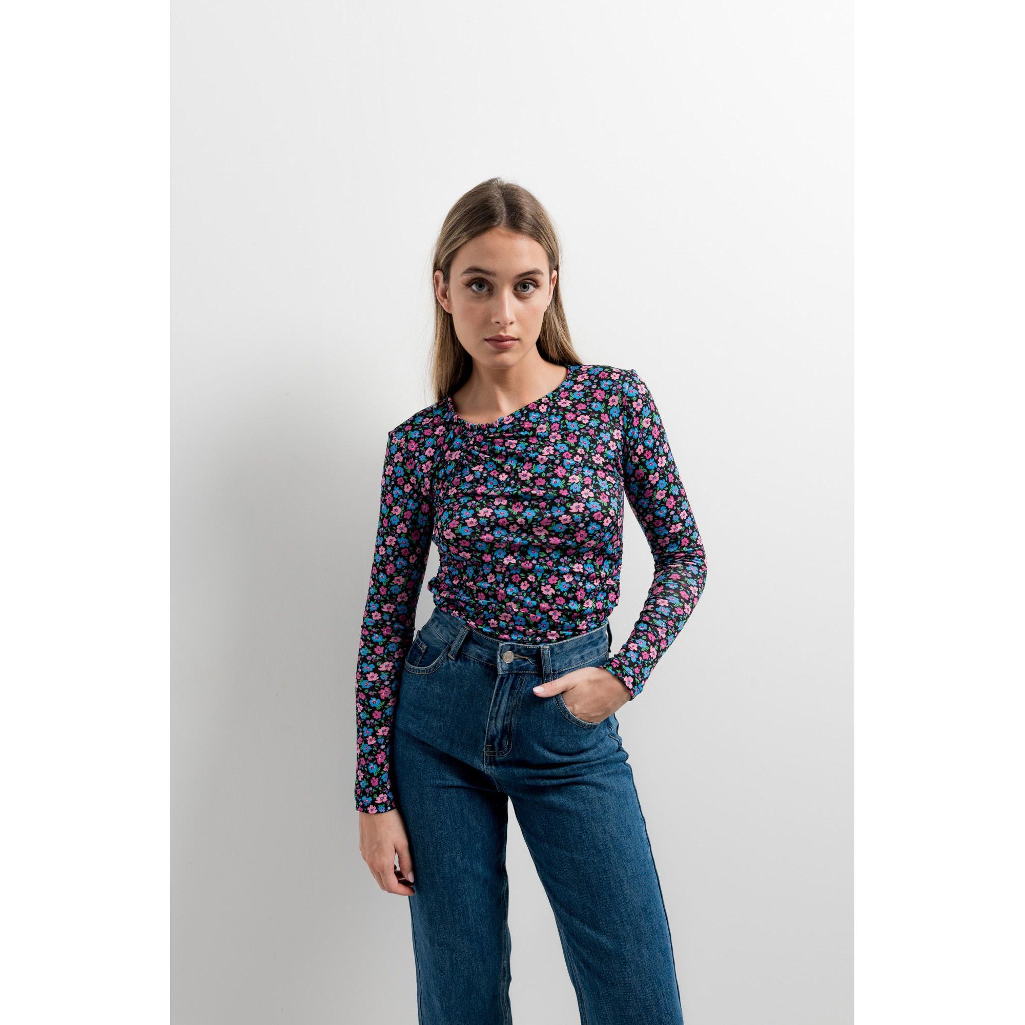 Emarola & Co - Camiseta Brisa para Mujer, top asimétrico estampado de primavera-verano, ligero (95% poliéster, 5% elastano), transpirable y femenino, perfecto para outfits versátiles y estilos urbanos