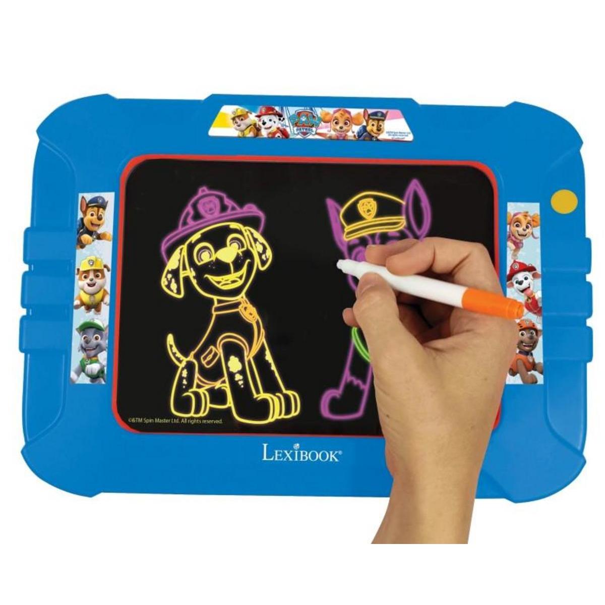 LEXIBOOK - Pizarra de dibujos luminosa neón con rotuladores y plantillas, Patrulla Canina