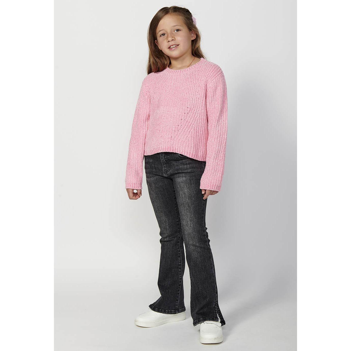 Koroshi - Jersey niña tricot cuello redondo con acabados en rib, 100% poliéster suave y cálido para días frescos, rosa, tallas 4 a 10 años
