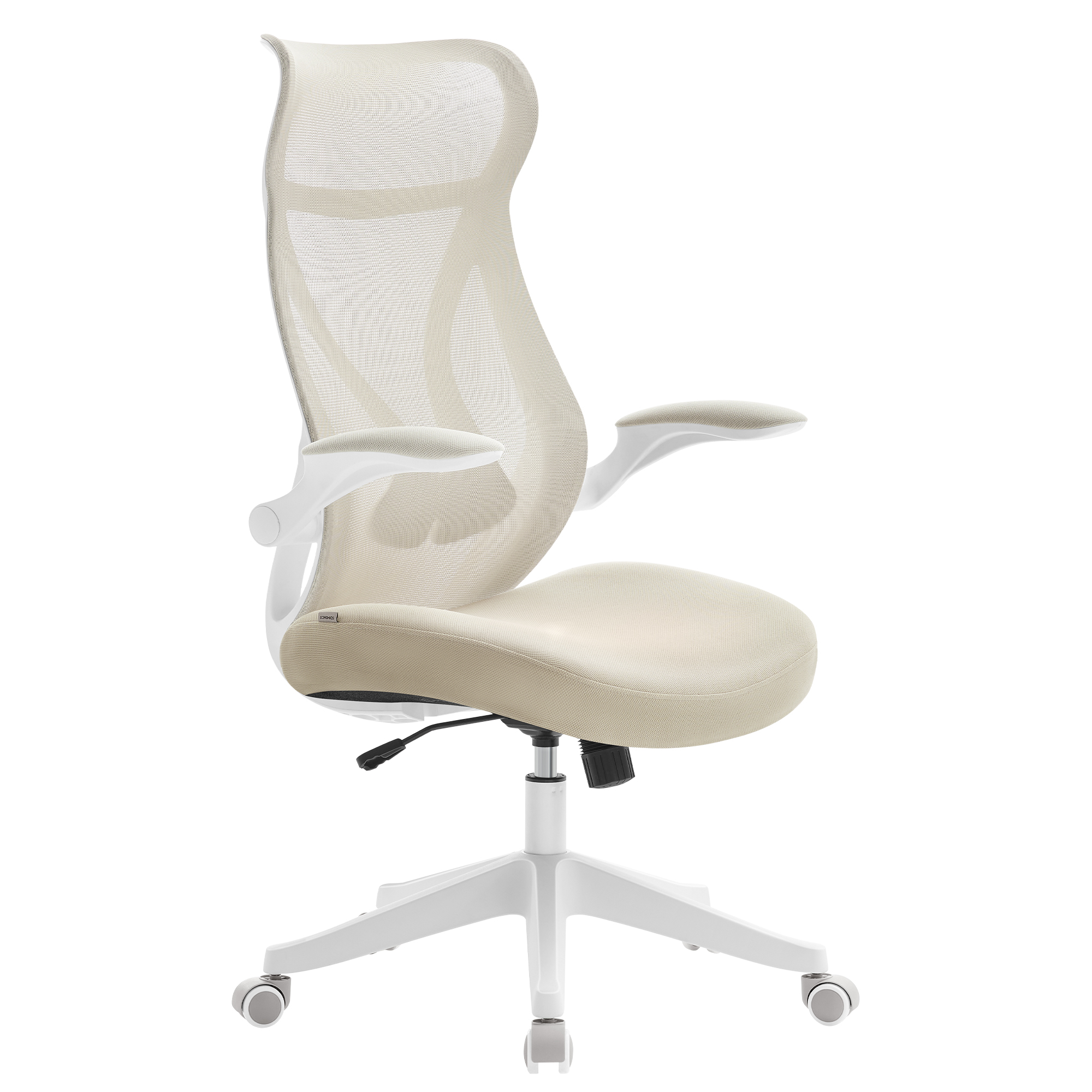 SONGMICS Silla de Oficina, Silla de Escritorio, Respaldo Ergonómico, Altura Ajustable, Reposabrazos Plegables, Silla Giratoria con Reposacabezas, Carga de 150 kg, Negro Tinta/Beige Capuchino