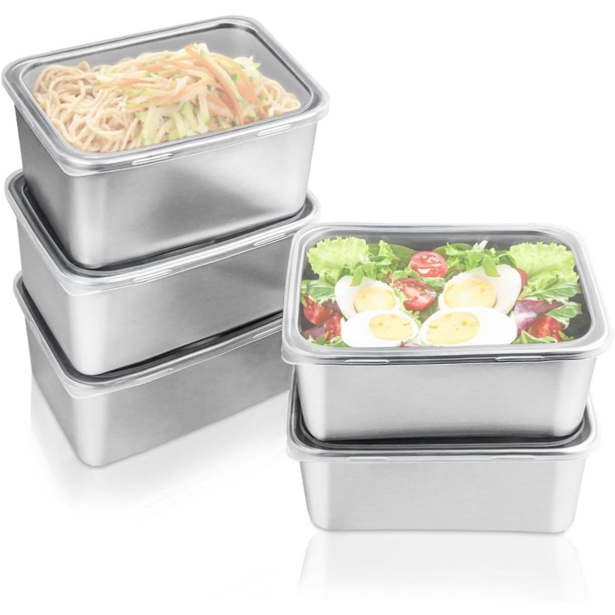 Vitdipy - Recipiente para almacenar alimentos - 5 piezas - Recipiente para congelar - Caja para conservar la frescura - Acero inoxidable - 600 ml - Fiambrera de acero inoxidable - Recipientes para preparar comidas - Para congelar - Plateado